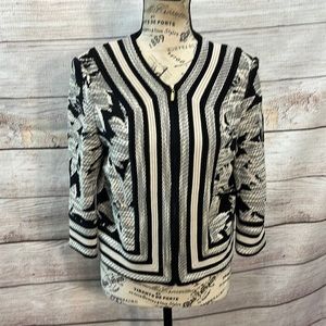 St. John Knit Jacket Box Gold Zipper  Black & White Abstract Print Size 4